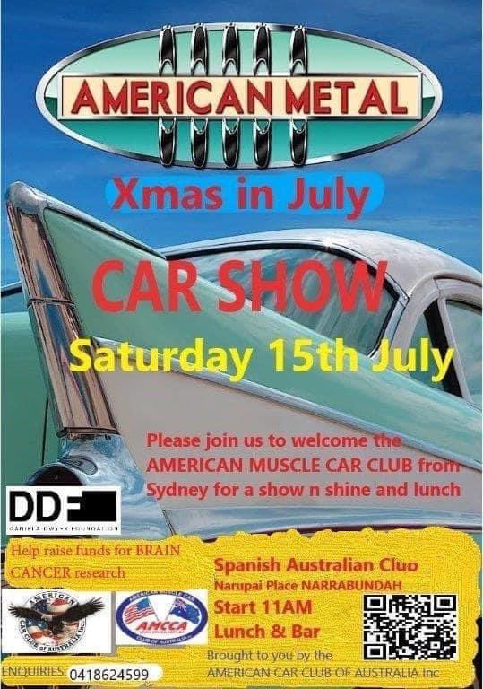 Xmas in July 🎄🇺🇸🇦🇺💪🚘🎅🤶 Join the American Car Club of Australia & @AmerMuscleCarCl at the Spanish Australian Club on 15 July to raise funds for #BrainCancer AND to see some #AmericanMetal! @AusintheUS @USEmbAustralia @canberrawkly @CBRFoodie @abccanberra @canberratimes