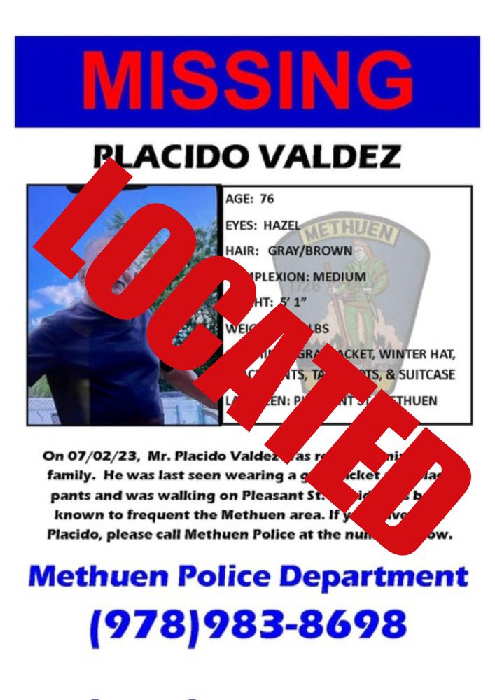 MethuenPolice's tweet image. UPDATE! As of 8pm this evening, July 4, 2023, it has been confirmed that Mr. Valdez has been located. Thank You all for your shares of this post and your concern for Mr. Valdez.
