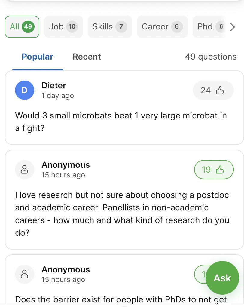 There was a fantastic diversity of perspectives at the careers in ecology session at  #ESAus23. Lots of great questions via slido and reassuring to see that the early career ecologists chose to vote up the test question as a priority. The future is in good hands. 😀