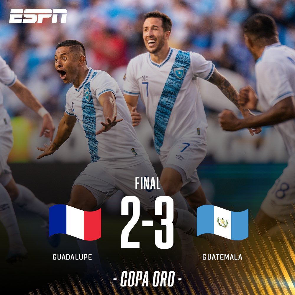 ESPN_GT's tweet photo. 🏆¡TRIUNFAZO DE LA BICOLOR Y A CUARTOS DE FINAL!  🇬🇹🔥

Doblete de Rubio Rubin y un golazo de CARLOS MEJÍA para el triunfo de Guatemala 3-2 ante Guadalupe 🇫🇷 https://t.co/bL0Bd1ZSd2