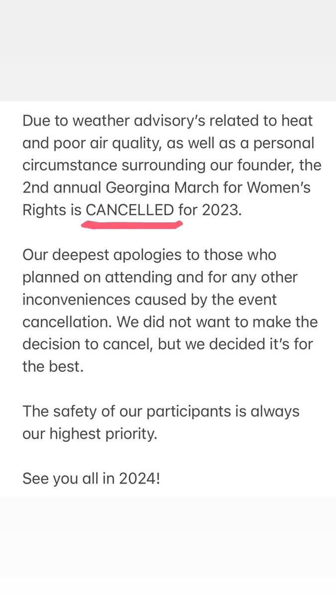 IMPORTANT NOTICED!!!!!!!

Due to weather advisory’s related to heat and poor air quality, as well as a personal circumstance surrounding our founder, the 2nd annual Georgina March for Women’s Rights is CANCELLED for 2023.