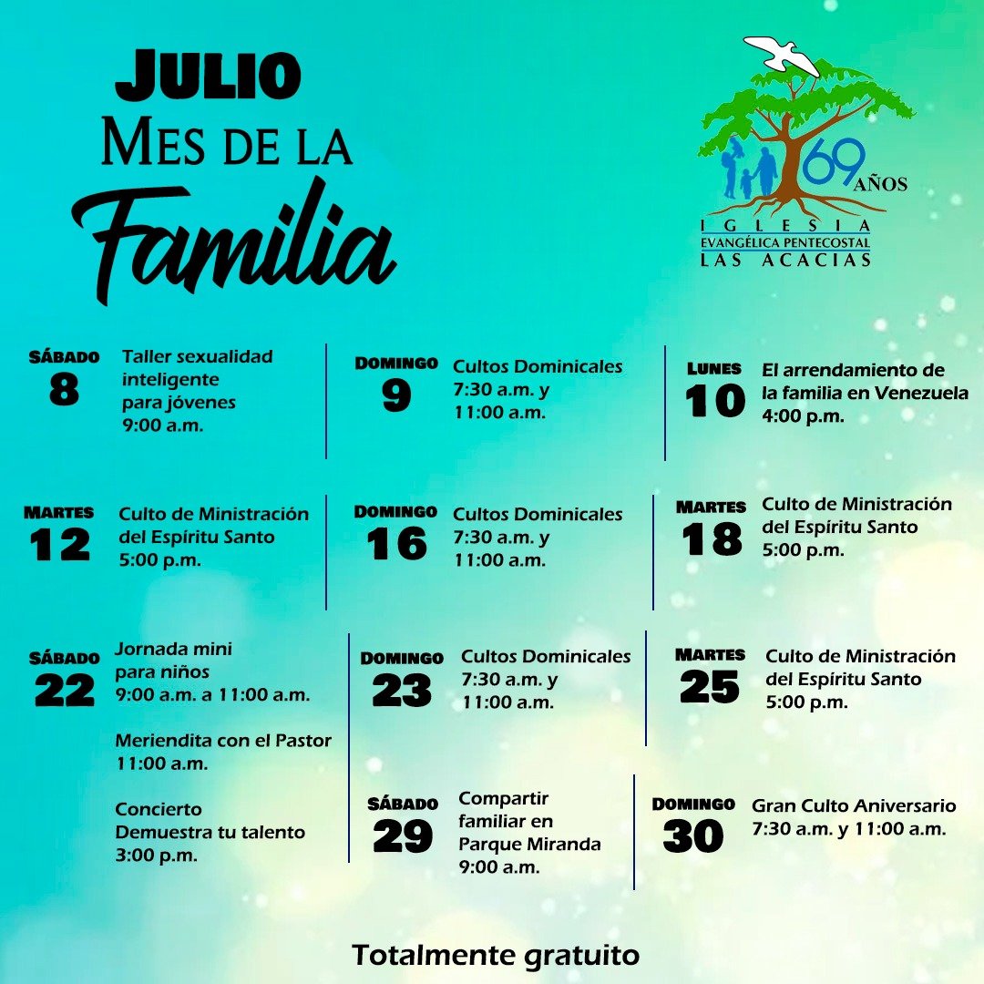 las_acacias's tweet photo. Cronograma del último mes de celebración del 69 aniversario, dedicado a la familia, los jóvenes y niños

Todas las actividades están abiertas para congregantes, hermanos de otras congregaciones y público en general gratuitamente

Invita a tus amigos
Les esperamos
#IEPLA https://t.co/6RfidBJGnf