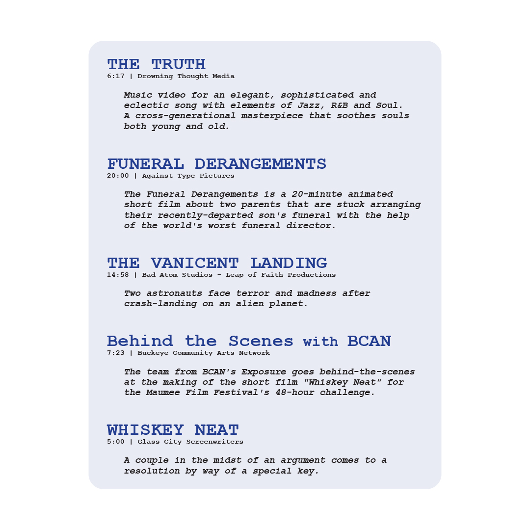 Check out our lineup for this Saturday's Short Film Showcase presented by the Glass City Screenwriters and FilmToledo!

Join us at the Maumee Indoor Theatre, Saturday, July 8th at 6:30PM. Tickets are $5 at the door (cash only). See you there!