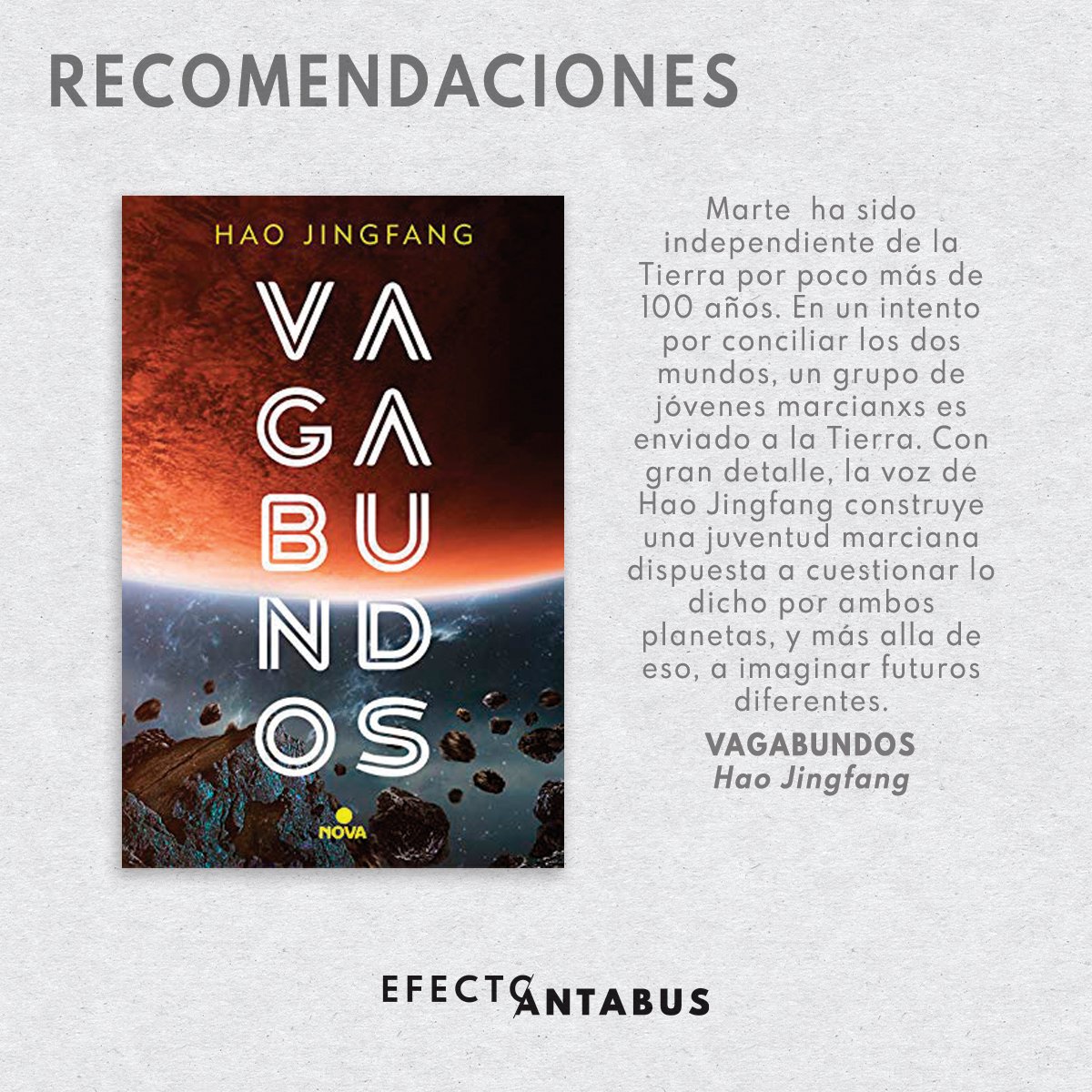antabusrevista's tweet photo. 🇨🇳Hao Jingfang es la autora de esta novela aparecida en 2020, nuestra recomendación semanal.
👉🏾La traducción estuvo a cargo de Agustín Alepuz Morales, y fue editada por Ediciones B.
🤓¿Has leído Vagabundos? ¿Qué te pareció?
#revistasdigitales #publicacionesalternativas https://t.co/M4vThG3TtE