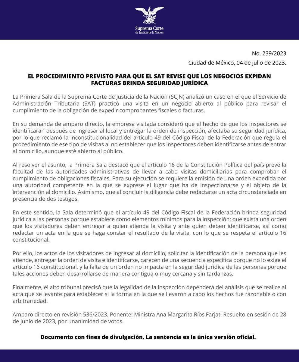 El procedimiento previsto para que el SAT revise que los negocios expidan facturas brinda seguridad jurídica.
.
#PrimeraSalaSCJN #SCJN #SAT #CFF