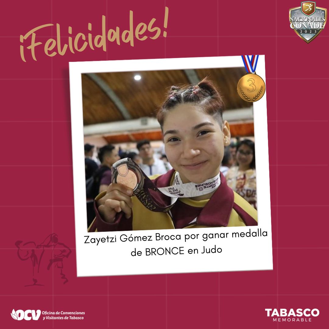OCV_Tabasco's tweet photo. ¡Felicidades! #OrgulloDeTabasco
Zayetzi Gómez Broca por ganar medalla de BRONCE en #Judo
#2023AñoDelDeporteTabasqueño #NacionalesCONADE2023 #CONADE https://t.co/GIiCWLVJsC