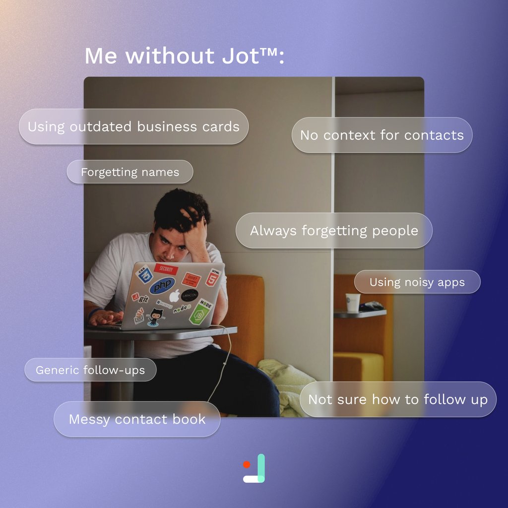 jottechnology's tweet photo. Feeling lost and overwhelmed at networking events? 😵😵Download Jot Contact Manager (🔗link in bio) to unlock powerful networking features that will change the way you connect and bond.
Don’t miss out! Students get 50% off on JotPro💥 https://t.co/ZtNMN1zJlk