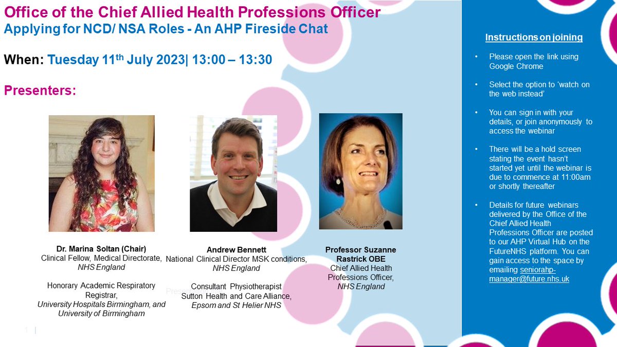 👀Are you an #AHP considering applying for <a href="/NHSEngland/">NHS England</a> National Clinical Director or National Specialist Advisor roles?

🗓️ SAVE THE DATE: Tues 11 July 13.00 – 13.30hrs

Join myself <a href="/andypbennett79/">Andrew Bennett</a> &amp; <a href="/marinasoltan_/">Dr Marina Soltan</a> to hear more about  the roles

More details soon!

<a href="/WeAHPs/">WeAHPs 💙</a>