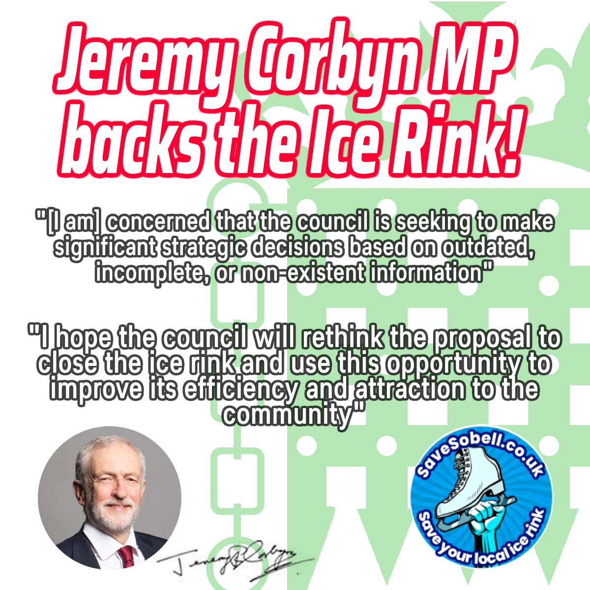 @JeremyCorbyn supports the reinstatement of the Sobell ice rink! LAST CHANCE TO HAVE YOUR SAY, deadline this FRIDAY! Check out our guidance here - savesobell.co.uk/how-to-fill-in… #savesobell #islington #sobell