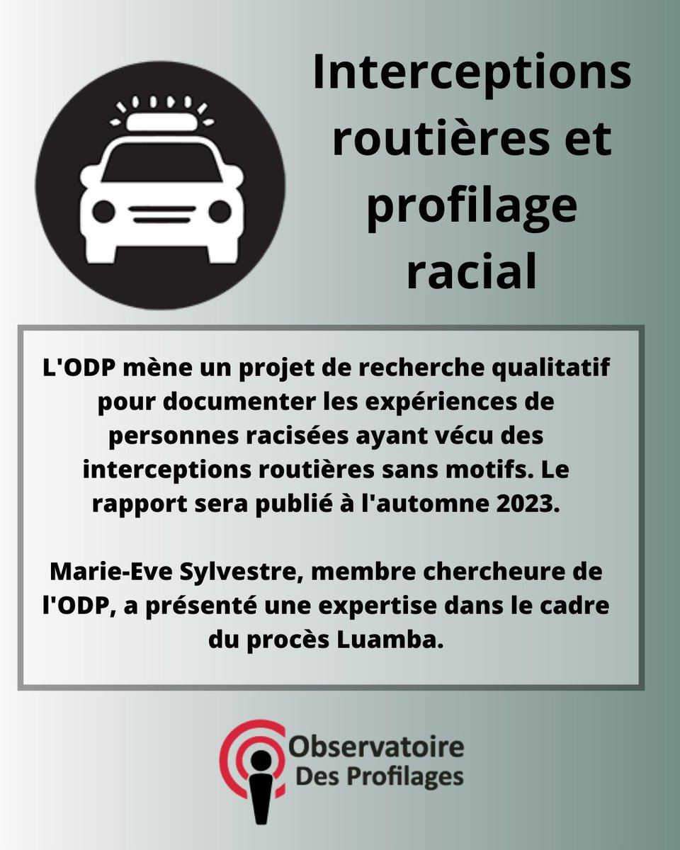 ODP_profilages's tweet photo. 📣 Connaissez-vous les projets de l'ODP?
Un projet porté par plusieurs membres chercheur.e.s, étudiant.e.s et partenaires de l'ODP. Restez à l'affût de la sortie du rapport!
Pour en savoir plus: https://t.co/OdILTckLJu
#interceptionsroutières #profilageracial https://t.co/0QH5rh9jcm