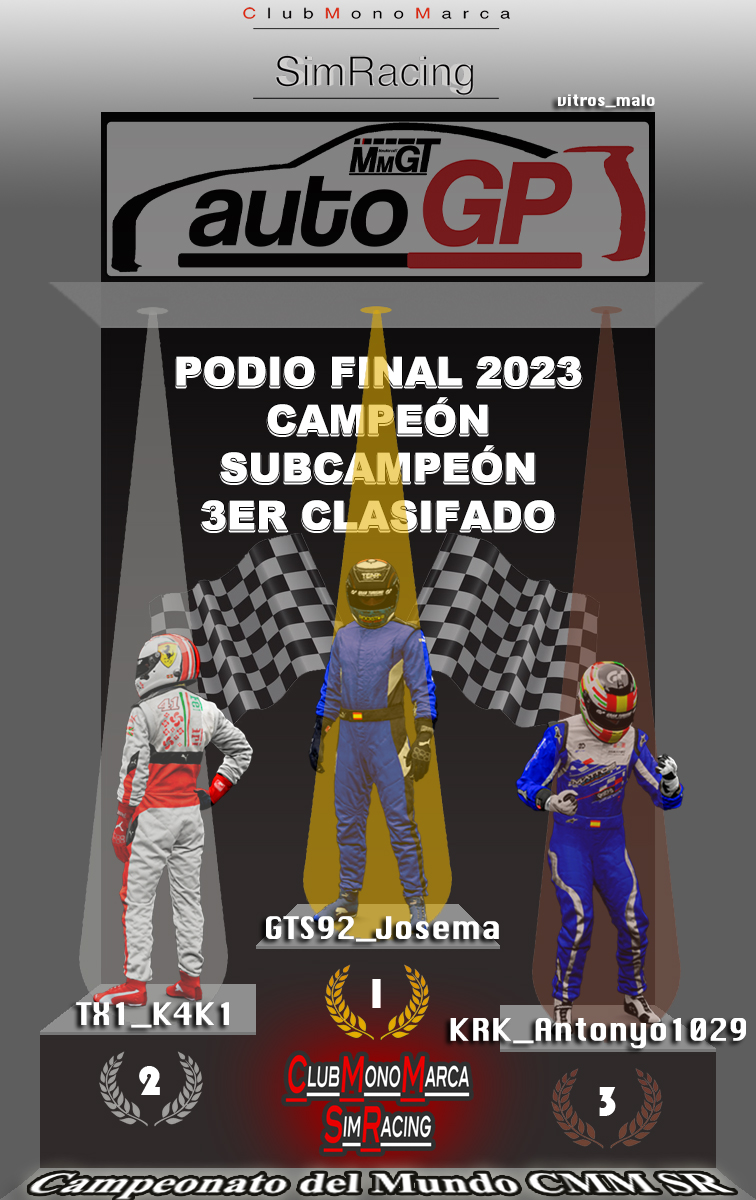 Estos son los 2 Podios Finales de la General con los 2 Campeones, SubCampeones, y los 3ºs Clasificados:

En el #CEMT7:
1º vitrosqueno888
2º luisruizribera
3º JMooreno

En la #autoGPT12:
1º <a href="/Jos3ma_Espinosa/">Josema Espinosa</a> 
2º TX1_K4K1
3º <a href="/KRK_Antonyo1029/">T.Gonzales #29</a> 

FELICIDADES a los 6!!!
