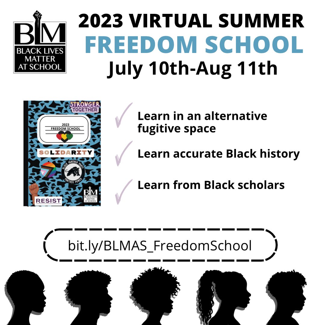 Want a history class that keeps it 💯? 

Sign up for virtual summer #FREEDOMSCHOOL for #highschoolstudents. Starts soon bit.ly/BLMAS_FreedomS…

Spread widely!

#TeachTruth #FreedomToLearn #HonestHistory #LegalizeBlackHistory #BlackHistorySummerSchool #BlackHistory #BlackScholars