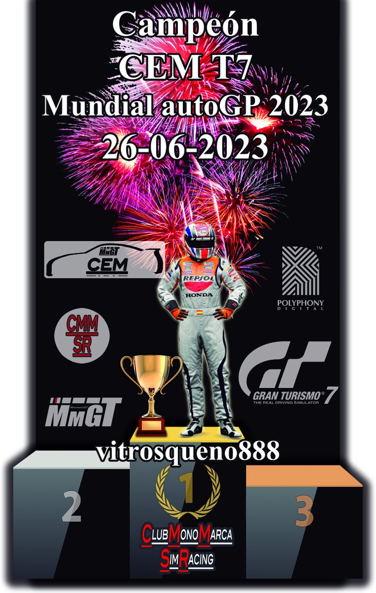 Éste es el Podio Especial para el Nuevo y Último Campeón del #CEMT7 vitrosqueno888.

5ª posición, 2º, 5º y 2º de nuevo, 4º y 4º, una baja, y 2 3ºs puestos, con 2 Poles y 1 Vuelta Rápida, le han dado el Campeonato a éste Piloto en su 2ª temporada.

FELICIDADES CAMPEÓN!!!