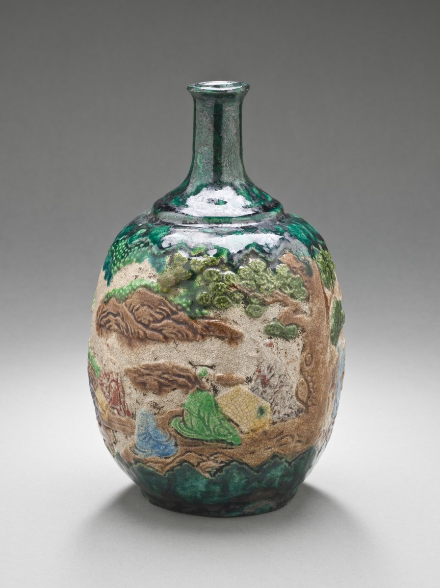 Sake Bottle with Design of Daoist Immortals and a Kirin in a Landscape, Gennai (Shido) ware, 18th century #ceramics