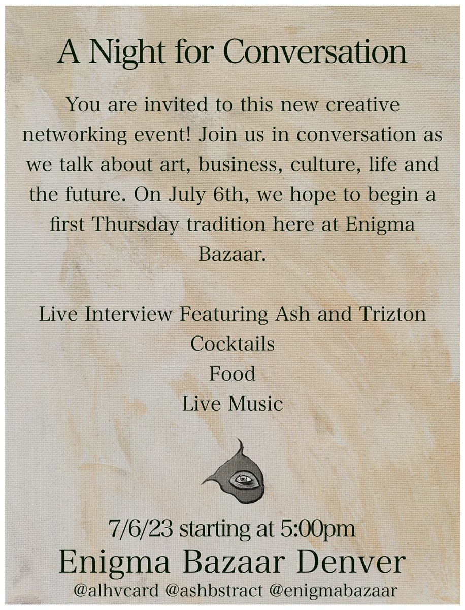 asherhoffman_'s tweet photo. Denver locals! Join @AlhVcarD and I in a conversation &amp; networking event at @theenigmabazaar this Thursday at 5pm! 

I am super excited to be leading this night with Trizton and can’t wait to connect with more like minded locals! https://t.co/iIFtA99ueQ