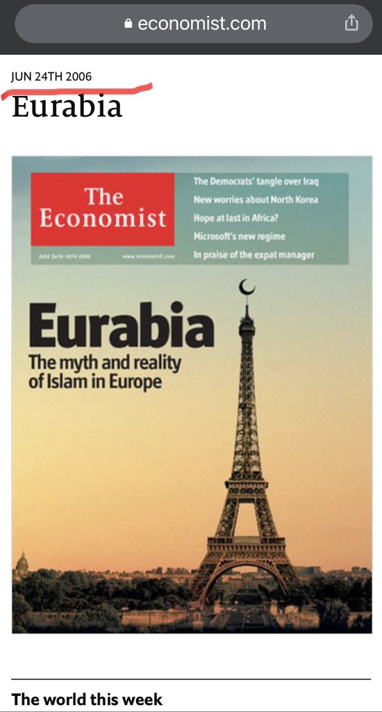 CONTRAyAVANZADA's tweet photo. Portada de @TheEconomist del 24 de Junio 2006 

EURABIA 
“El mito y realidad del Islam en Europa”

https://t.co/Ke8qSNKnFm https://t.co/PiXNmg6lY3