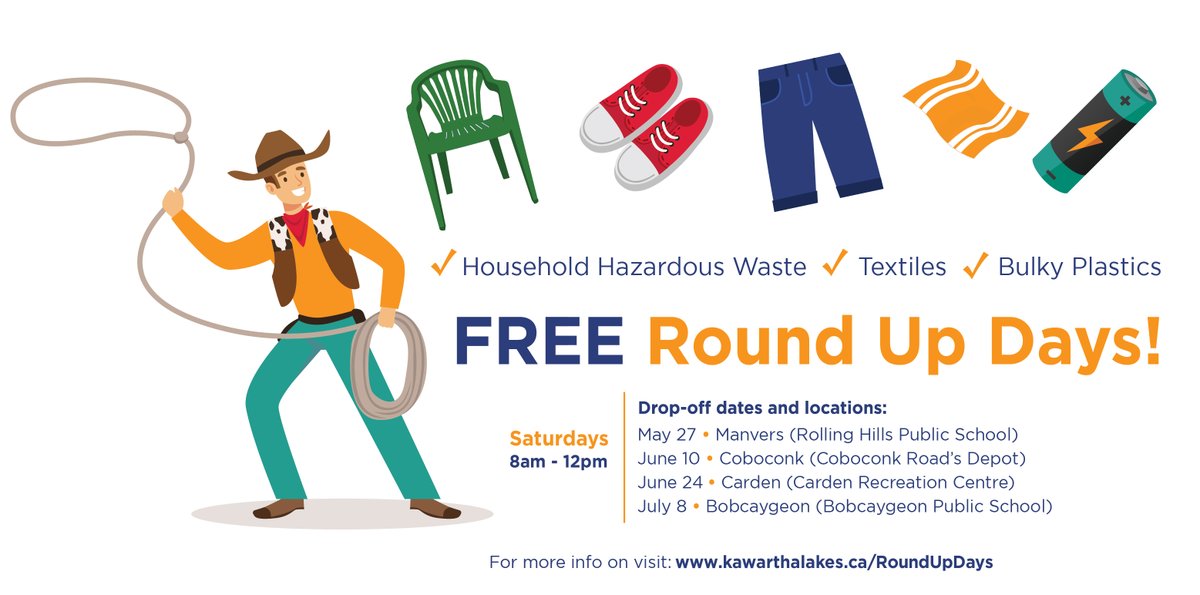 Round Up Day number four is coming up! Dispose of your bulky plastics, textiles, and household hazardous waste for free at our Bobcaygeon event on Saturday, July 8 from 8am to 12pm! Learn more about what will be accepted here and where to go: kawarthalakes.ca/en/news/spring…