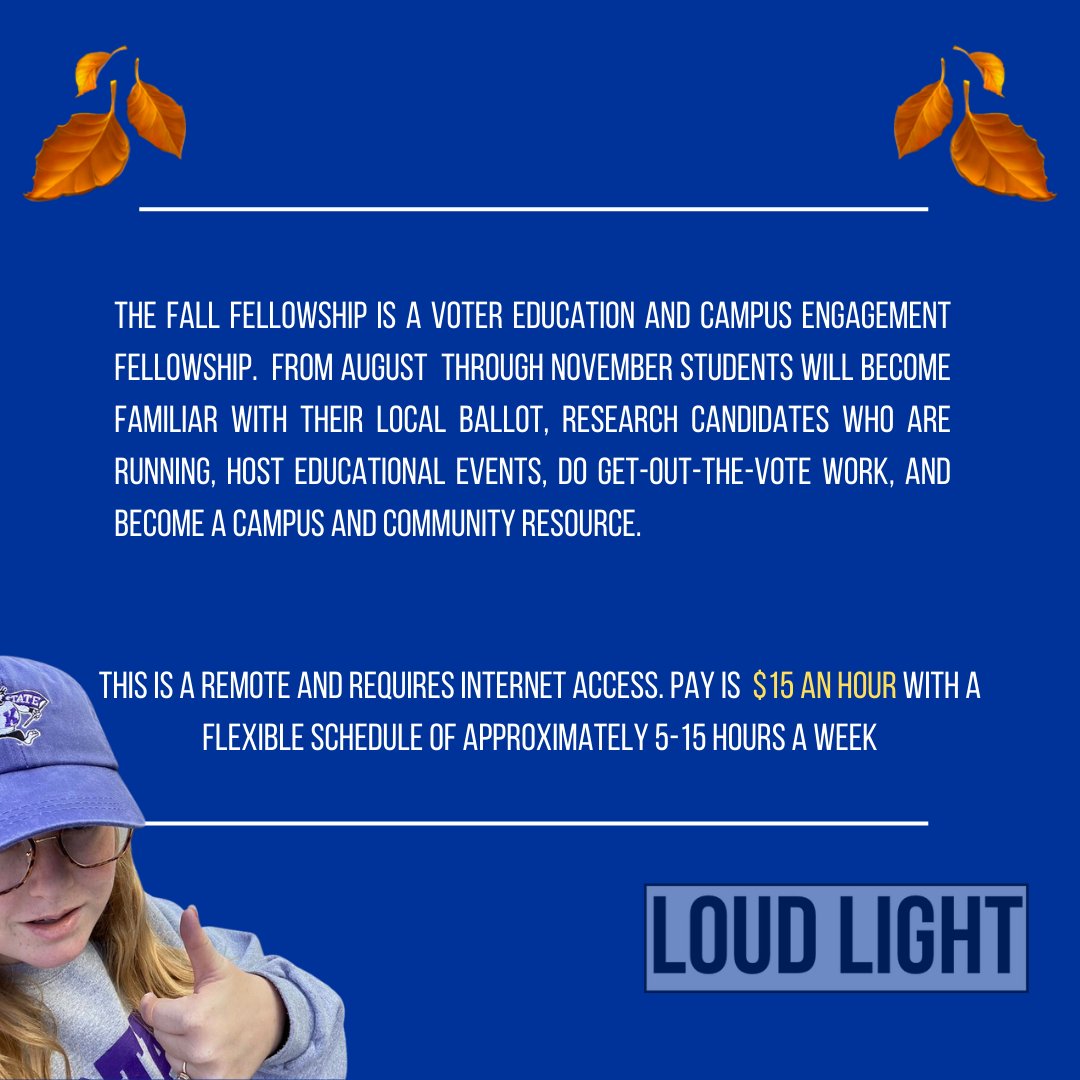 loud_light's tweet photo. ARE YOU A YOUNG KANSAN LOOKING TO GET INVOLVED AND GET OUT THAT VOTE🏃‍♀️ !?

THEN YOU NEEEED TO CHECK OUT https://t.co/hfUFCTuCER 🗣️

Check out our flyer below for all the deets… this is a PAID fellowship 😳 #ksleg https://t.co/Ar6YYcR37s