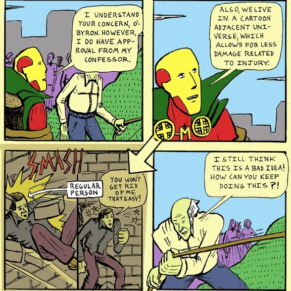 GeorgeTautkus's tweet photo. Mister Mortification page 2 panels 1-4 #CatholicTwitter #Catholiccomics #Superheroes #parod https://t.co/mxzNPUAMbl