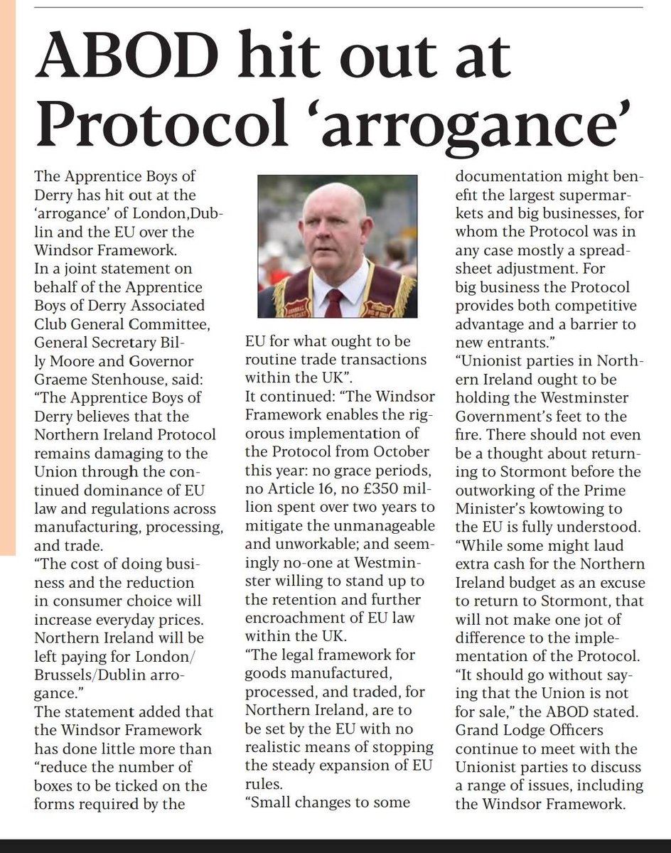 JamieBrysonLLB's tweet image. Strong message from Apprentice Boys 👇 

There is no basis for a return to power sharing. Every significant section of unionism/loyalism/loyal orders are united. It is only the UUP who have crossed the picket line &amp;amp; who are urging implementation of the subjugation of the Union.
