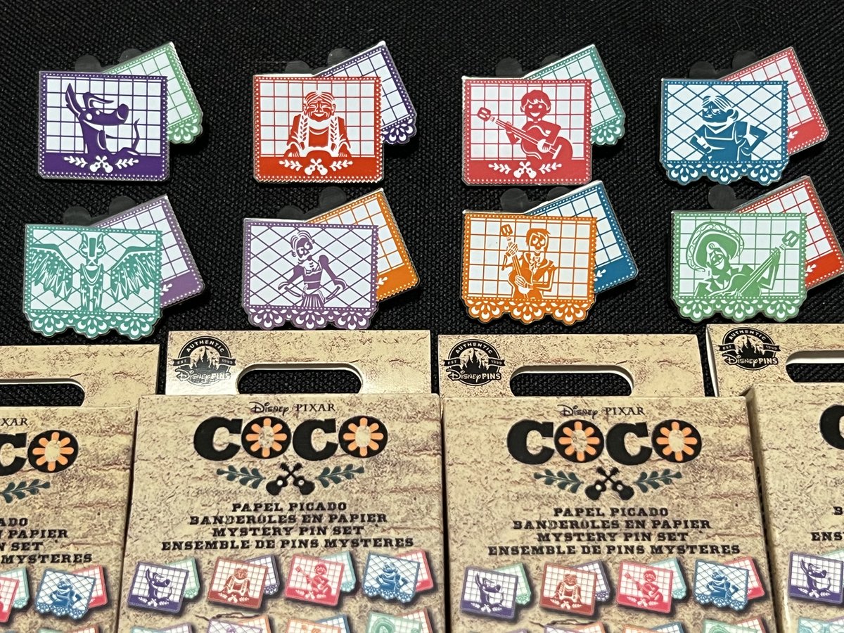 TeriE's tweet photo. Disney Pins Pixar #COCO COMPLETE SET OF ALL 8 #PapelPicadoFlags Mystery w boxes #disneyscoco #pixarcoco #PapelPicado #MexicanFlags #disneypins #disneymysterypins #disneypintrading #disneyparks #Pixar #pixarcollectibles #disneypinsforsale https://t.co/P9IFyTiqG3 #eBay via @eBay https://t.co/tYqVFY3F6e
