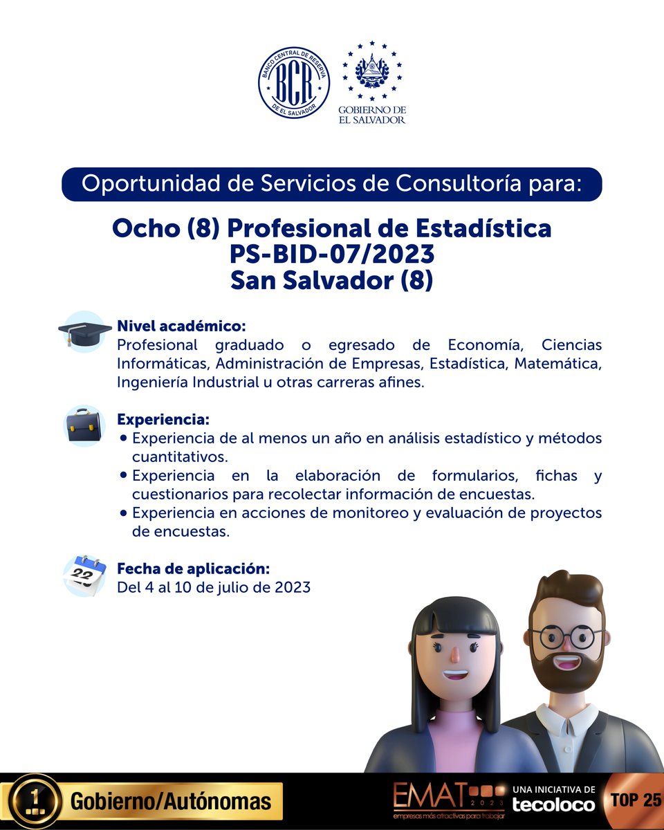 bcr_sv's tweet image. 👉 Oportunidad de servicios de consultoría para Ocho (8) Profesional de Estadística.✅Consulta más información sobre el proceso de aplicación y Términos de Referencia, haciendo clic en el siguiente link: bit.ly/3PDbEkV 🔗