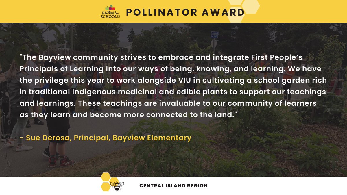 FarmtoSchoolBC's tweet photo. ๐ Congrats to Bayview Elementary School, the #F2SBC Central Island Region Pollinator Award recipient! Sue Derosa (Bayview Principal) and Janice Wilson (Indigenous Education Teacher & hulโqumiโnum Teacher), we recognize your dedication to farm to school initiatives. ๐ @sd68bc https://t.co/VOB3uOvqsO