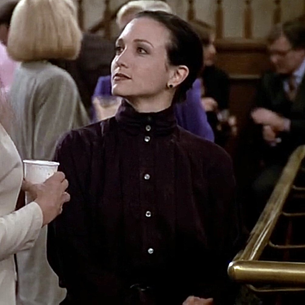highcollars's tweet image. Bebe Neuwirth (Cheers S9E15 The Days of Wine and Neuroses 1991) #highcollar #highneck #highneckblouse #highcollarblouse #blouse #90sblouse #buttonedup #2buttoncollar #90sfashion #maroonblouse #tvshow #1991 #cheers #bebeneuwirth