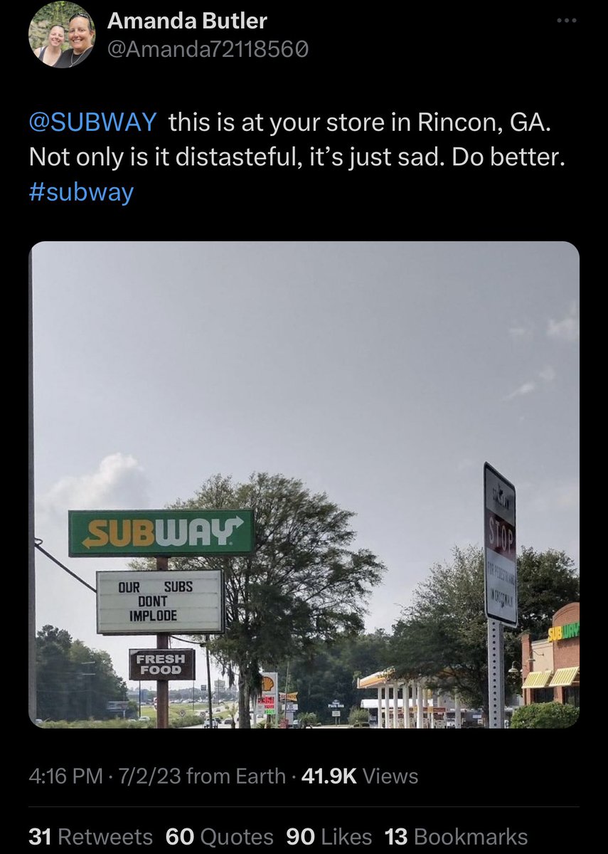 kirawontmiss's tweet photo. LMFAOOOO subway going to heII https://t.co/MmUUiAH1Bb