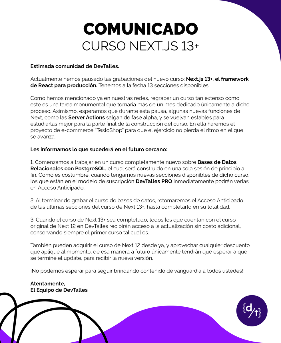 DevTalles's tweet photo. 🔔 ¡IMPORTANTE! Les comparto novedades sobre la actualización del curso #Next13+
Puedes adquirir el curso original Next.js 12 - Traditional Pages Router aquí: 👉🏻https://t.co/nrSFAFSrtZ
⚠️ A futuro todos los que cuentan con la versión pasada recibirán gratis la actualización 13+ https://t.co/jMFJAm5wER
