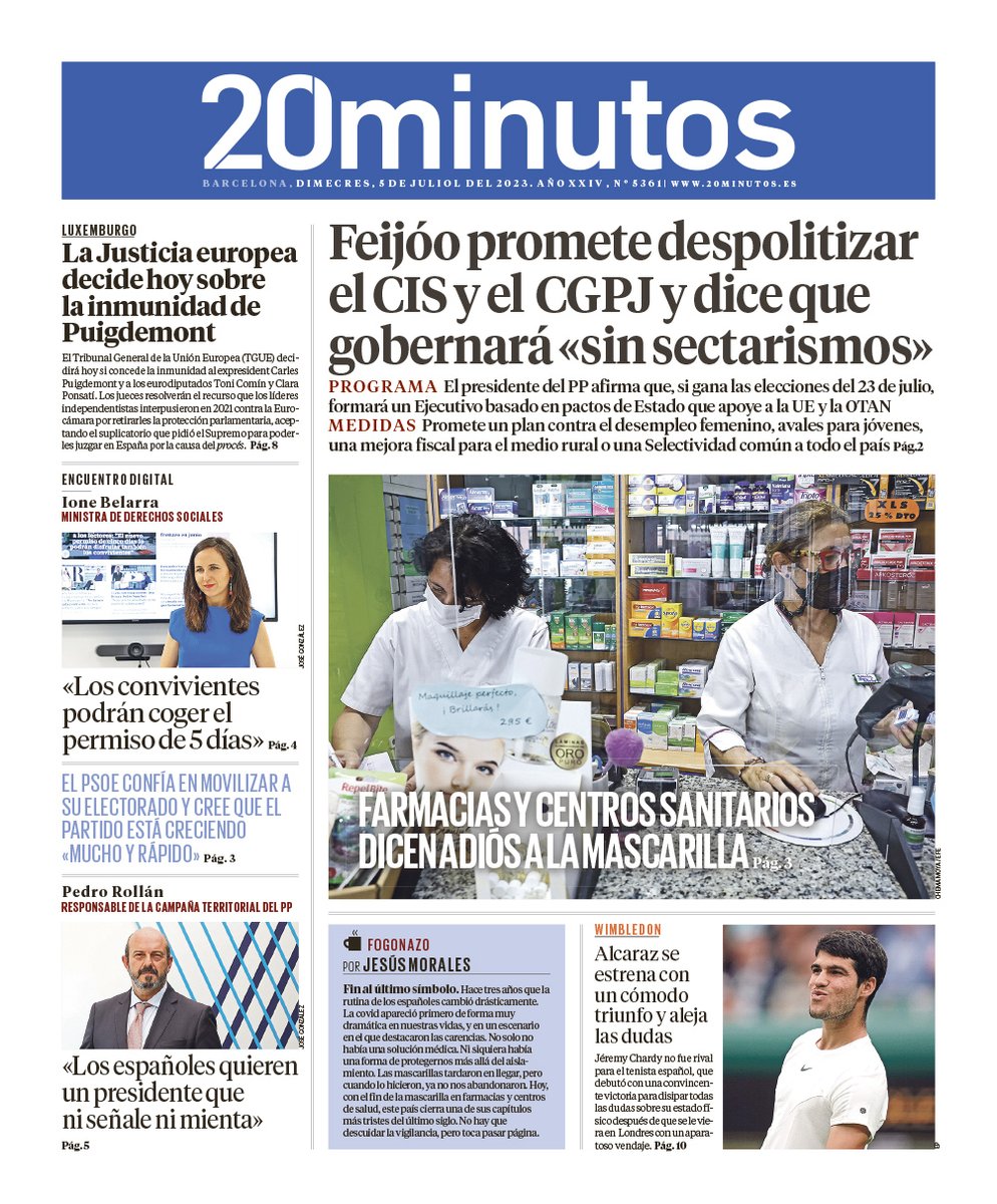 encarnasamitier's tweet photo. #Portadas @20m #ProgramaPP Feijóo promete despolitizar el CIS y dice que gobernará sin "sectarismos"; la mascarilla deja de ser obligatoria en las farmacias y centros sanitarios; con @ionebelarra; #PedroRollán; el PSOE confía en remontar; #Alcaraz https://t.co/bpI5hBojq6 https://t.co/hkRQwRoOLk