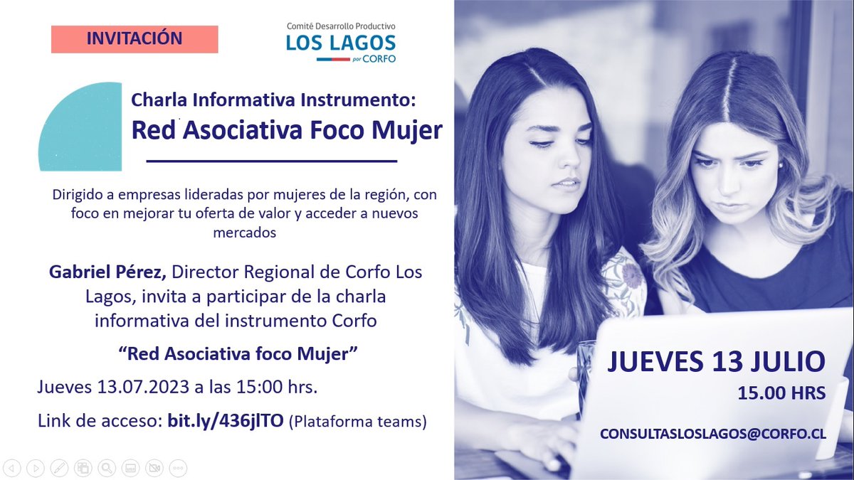 <a href="/Corfo/">Corfo</a> te invita a charla informativa! concurso para empresas lideradas por mujeres que quieran participar con otras empresas para mejorar la oferta de valor y acceder a nuevos mercados, el 13 de Julio a las 15:00 hrs.  en bit.ly/436jlTO no faltes!!
<a href="/gperezg/">Gabriel Pérez</a> #puertomontt