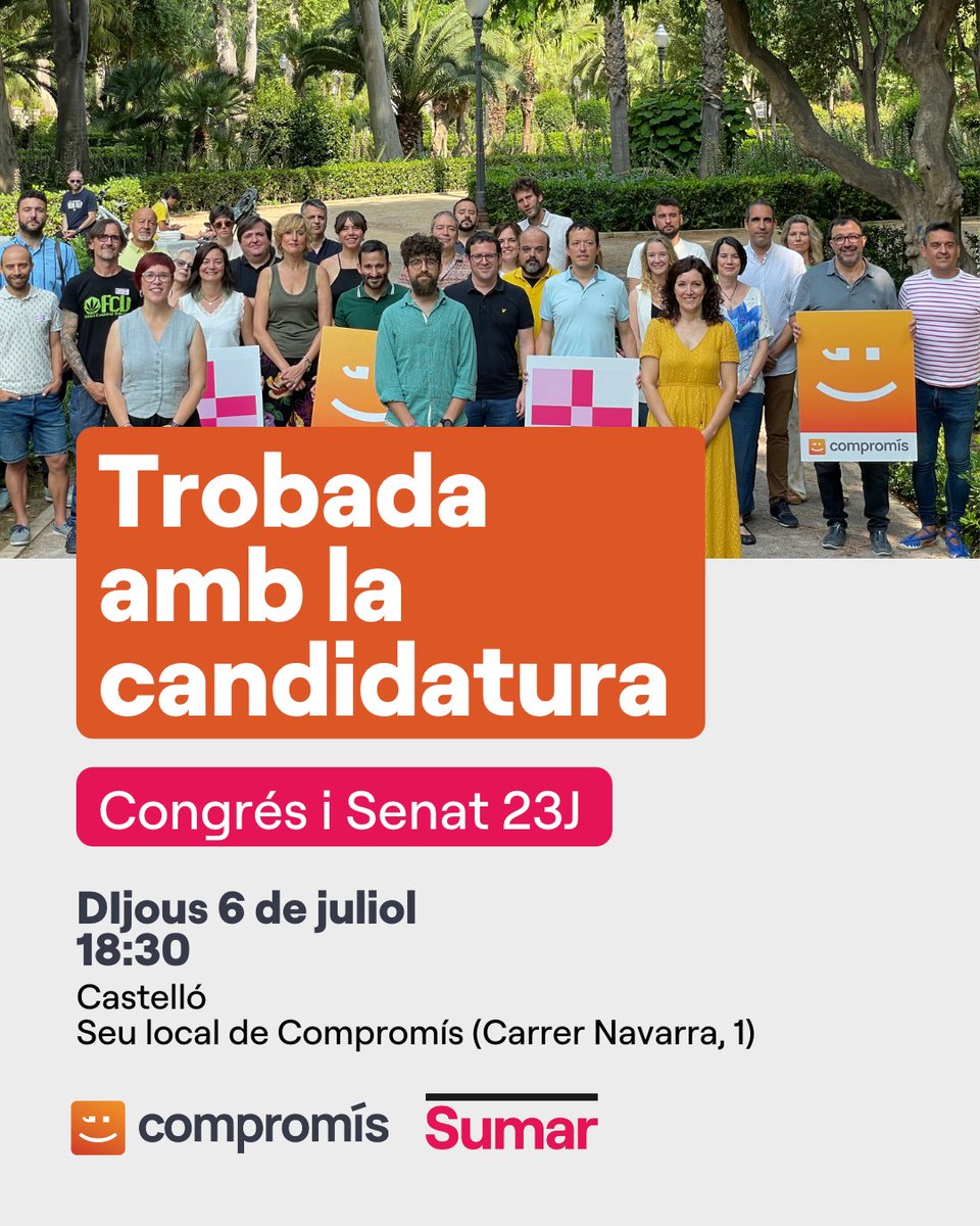 SumarPVOficial's tweet photo. ��️Recordeu
Trobada Candidatura 23J #Castelló
@compromis
@sumar @SumarPVOficial
📆Dijous 6 juliol
⏰18:30h
🏘️Seu Local Compromís -Carrer Navarra, 1
Arranquem campanya
Eixim a guanyar
#HiHaPartit https://t.co/uWhoi8fcit