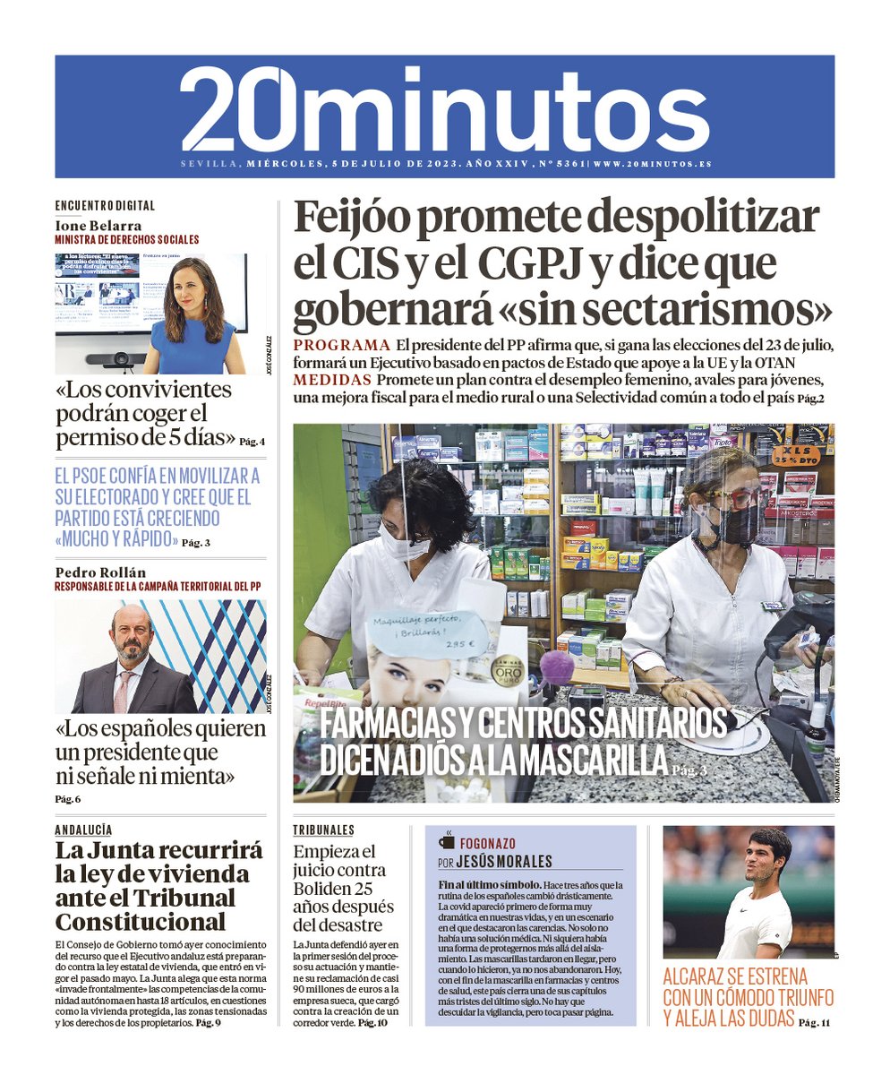 encarnasamitier's tweet photo. #Portadas @20m #ProgramaPP Feijóo promete despolitizar el CIS y dice que gobernará sin "sectarismos"; la mascarilla deja de ser obligatoria en las farmacias y centros sanitarios; con @ionebelarra; #PedroRollán; el PSOE confía en remontar; #Alcaraz https://t.co/bpI5hBojq6 https://t.co/hkRQwRoOLk