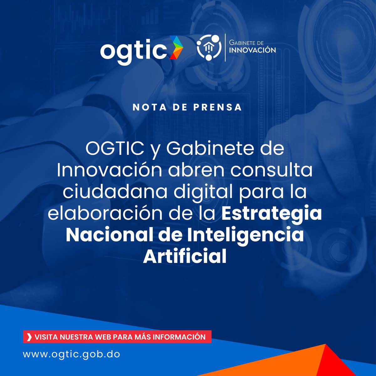 BartolomePujals's tweet photo. Continuemos participando para lograr una política innovadora en materia de Inteligencia Artificial (IA).

Desde la @OGTICRDO y el @InnovaRD2030 te invitamos a participar en la consulta ciudadana para la formulación de la Estrategia Nacional de IA. 

Tu contribución es fundamental https://t.co/mTk4qtQv4d