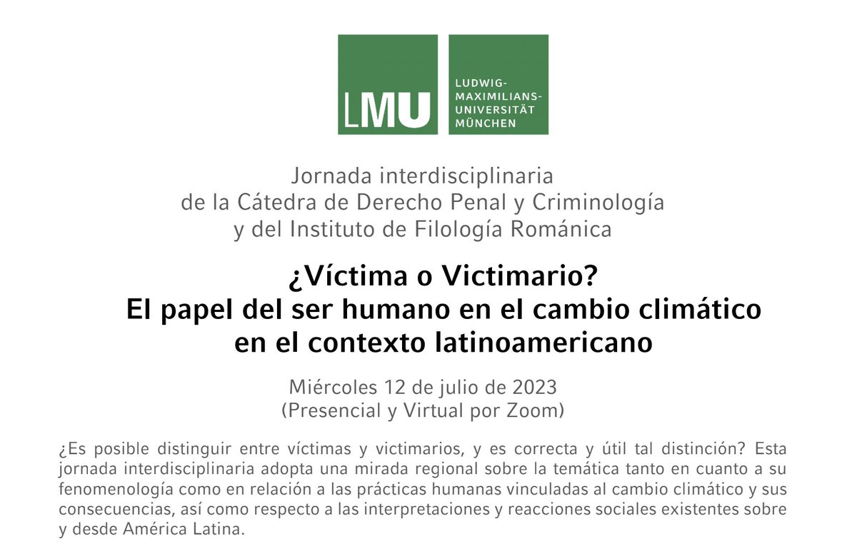 Upcoming conference "Victim or Perpetrator? The Role of Human Beings in Climate Change in the Latin American Context".
From an interdisciplinary perspective, the objective of this conference is to reflect on the role that different actors occupy in climate change. 🌍
