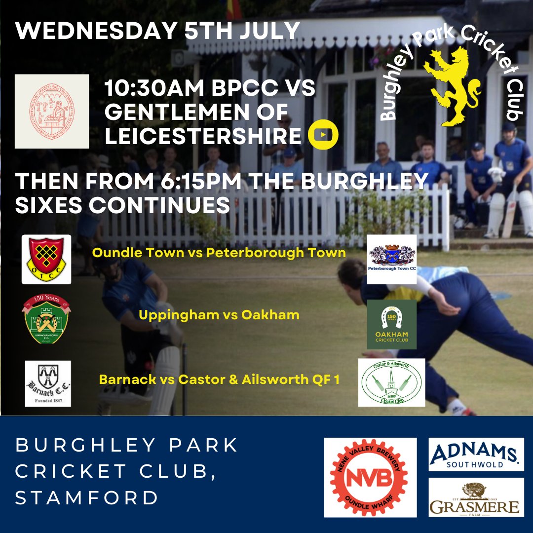 Day 3 of Cricket Week sees BPCC welcome Gentlemen of Leicestershire for the day game and three more superb sixes encounters in the evening. What a week this has been already - fantastic attendances on the first two evenings - get down to the Park for more great action