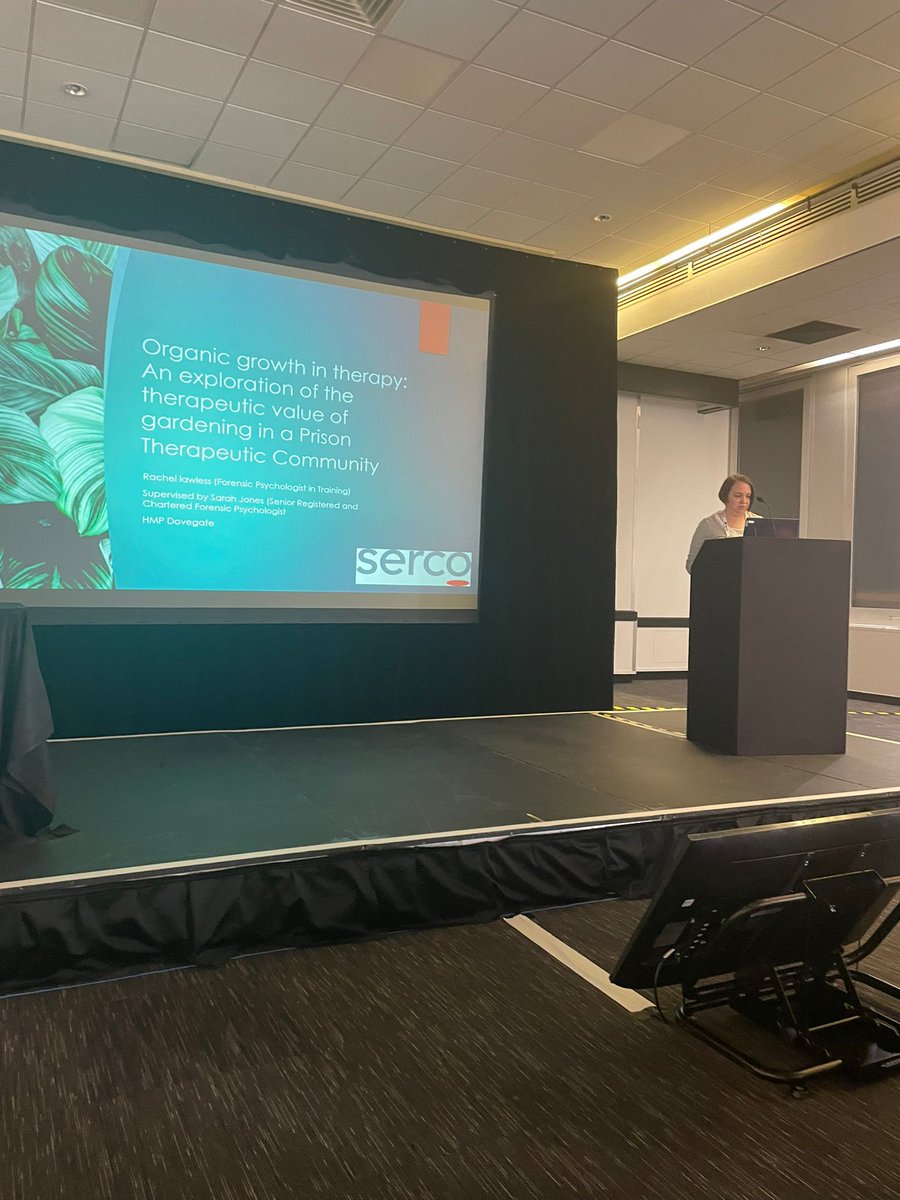 NatLeech's tweet photo. Today, @Lawless_Psych (HMP Dovegate) gave a presentation at the #ECP2023 conference on her research "Organic growth in therapy: An exploration of the therapeutic value of gardening in a prison therapeutic community". #SercoPsychologicalServices #SercoAndProud https://t.co/LEGnilwomN