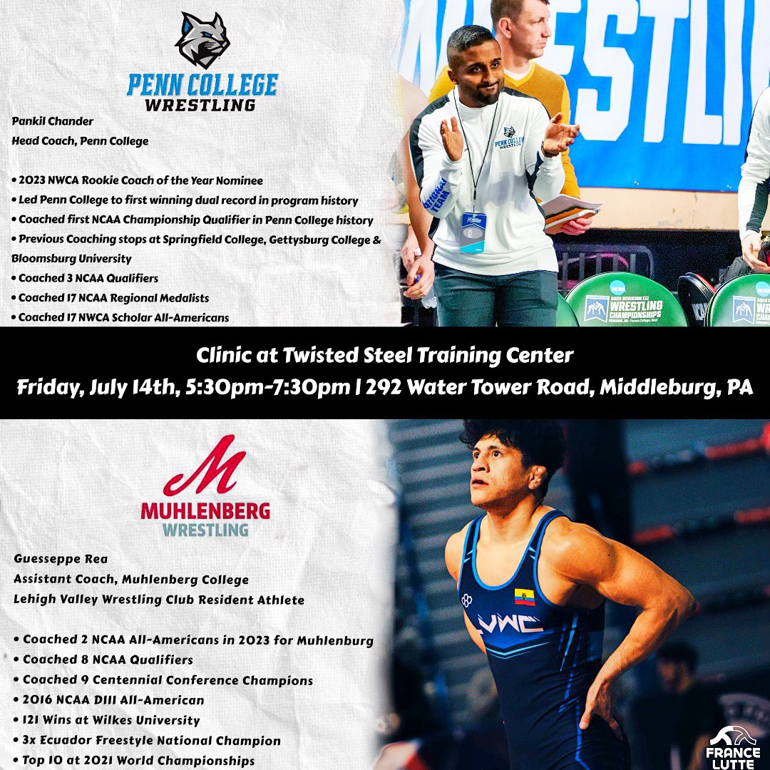 Penn College Wrestling (@pctwrestling) on Twitter photo Twisted Steel Training Center will host Coach <a href="/PankilChander/">Pankil Chander</a> of <a href="/PCTAthletics/">PCT Athletics</a> & Coach <a href="/G_Rea1/">Guesseppe Rea</a> of <a href="/MulesWrestling/">Muhlenberg Wrestling</a> for a clinic next Friday!
📅 : Friday, July 14th
📍: 292 Water Tower Road, Middleburg, Pa.
⌚️: 5:30-7:30pm
A great opportunity to improve - It’s the #WildcatWay 👊 Twisted Steel Training Center will host Coach <a href="/PankilChander/">Pankil Chander</a> of <a href="/PCTAthletics/">PCT Athletics</a> & Coach <a href="/G_Rea1/">Guesseppe Rea</a> of <a href="/MulesWrestling/">Muhlenberg Wrestling</a> for a clinic next Friday!
📅 : Friday, July 14th
📍: 292 Water Tower Road, Middleburg, Pa.
⌚️: 5:30-7:30pm
A great opportunity to improve - It’s the #WildcatWay 👊