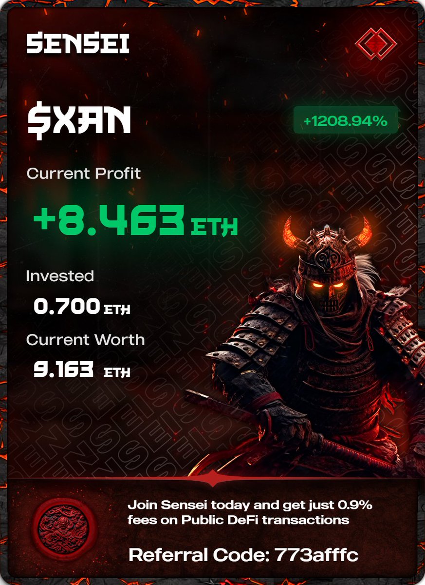 Sensei Defi is now LIVE and 𝐟𝐫𝐞𝐞 for all! 

Our users have been raking in ETH during this "bear market", now is your time to join them 🔥

We will be moving to 1% trading fees soon.

Get 1 week of 0% fees on us while you can by signing up with the link below 👇