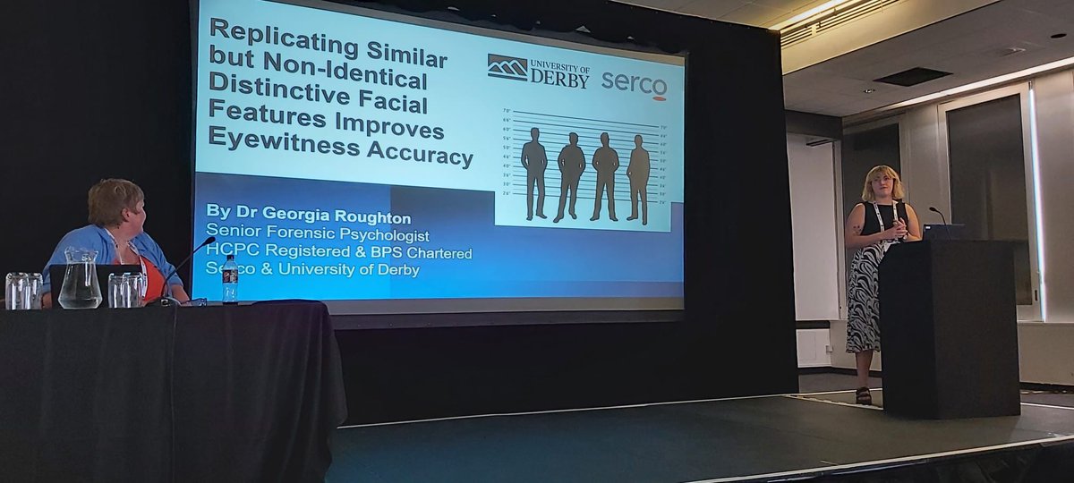 NatLeech's tweet photo. Today, Georgia Roughton (Forensic Psychologist, HMP Fosse Way) presented at the #ECP2023 conference, her research on "Replicating similar but non-identical destinctive facial features improves eye witness accuracy". #SercoPsychologicalServices #SercoAndProud https://t.co/cS687r6M2N
