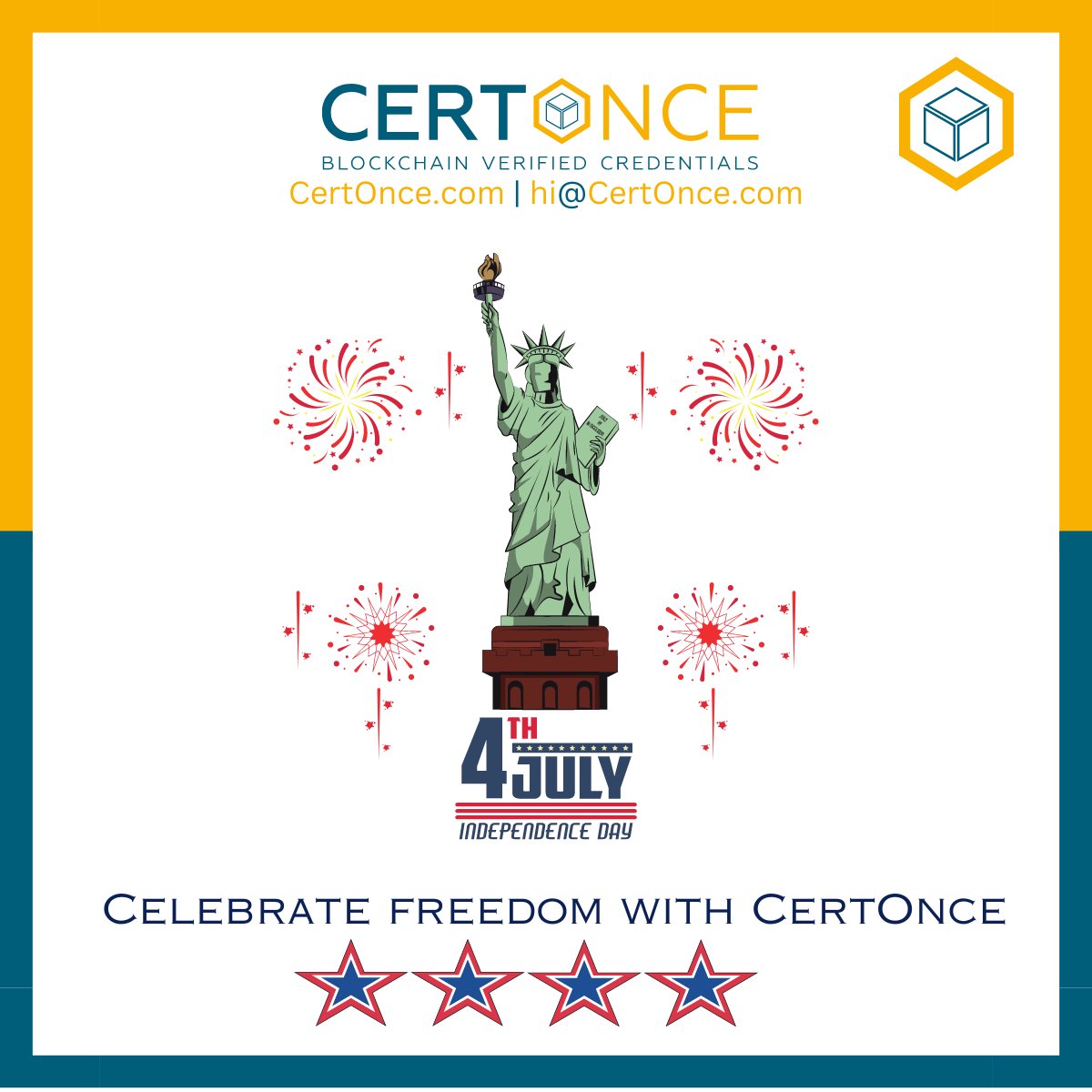 CertOnceInc's tweet photo. Happy 4th of July! 🇺🇸✨. Celebrate the freedom of secure, instantly verifiable certificates with CertOnce. Join us in shaping a secure future! 💻🔒 #independenceday #digitaltrust https://t.co/pVGZcd5MEz