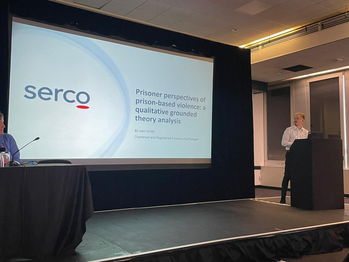 NatLeech's tweet photo. Today Sam Smith (Forensic Psychologist, HMP Dovegate) presented at the #ECP2023 conference, his research on "Prisoner perspectives of prison-based violence: A qualitative grounded theory analysis". #SercoPsychologicalServices #SercoAndProud https://t.co/Dng0FA3VJs