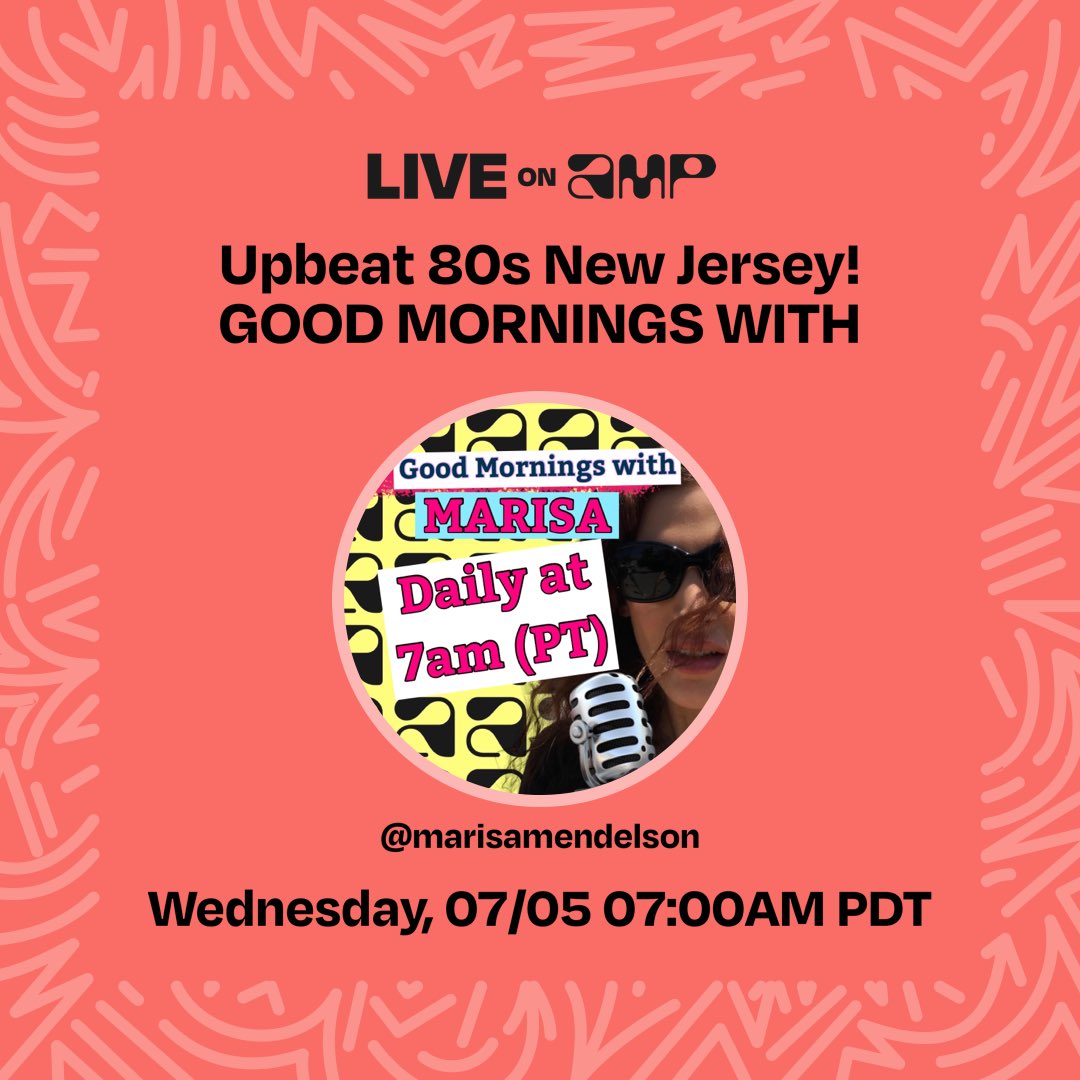 MarisaMendelson's tweet photo. WEDNESDAY MORNING @onamp My Amp show, Upbeat 80s New Jersey! GOOD MORNINGS WITH MARISA, songs for #BeNiceToNewJerseyWeek / #Music by artists from New Jersey is set to go #LiveOnAmp Wednesday 7/5 at 7am (PT) / 9am (CT) / 10am (ET). Follow me to listen!
https://t.co/vz96mhVmXY https://t.co/n0LnRIuP58