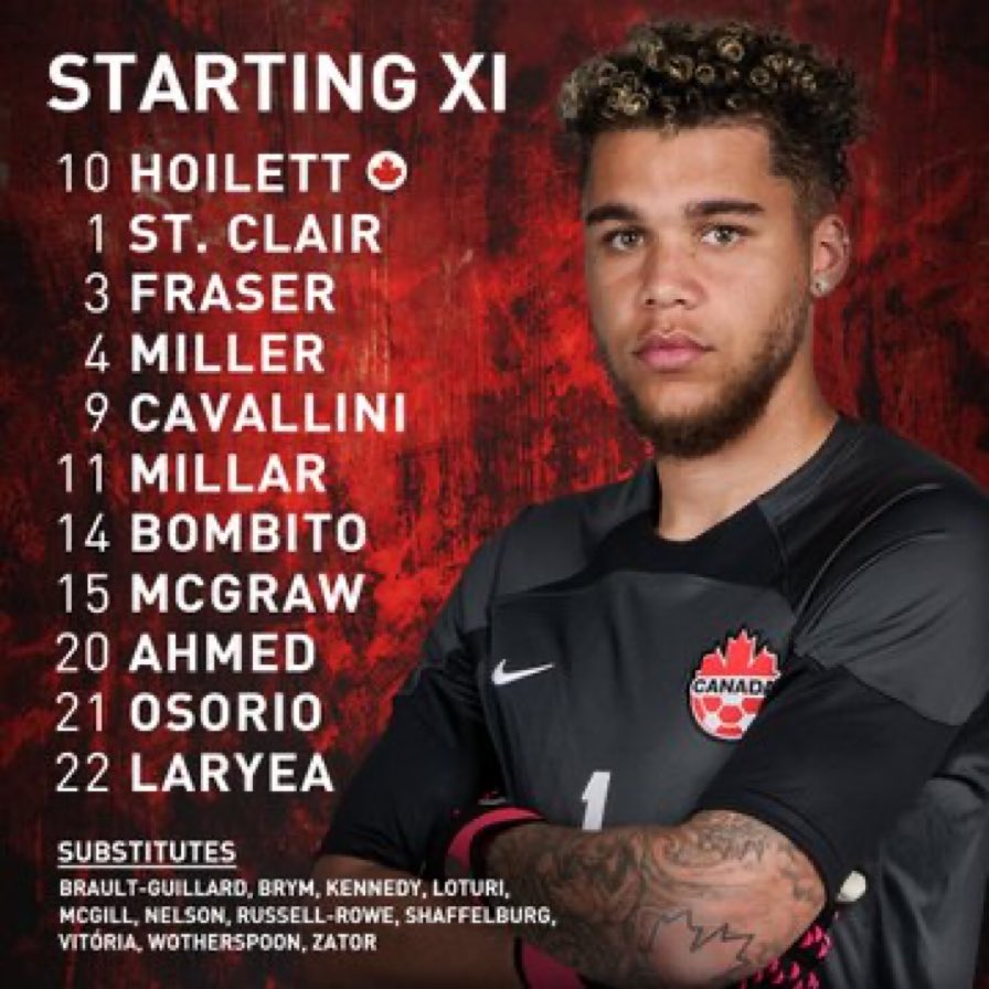 LastWordSC's tweet photo. Here is your #CanMNT starting XI for this crucial final group stage match of the #GoldCup2023!
St. Clair jumps in for an injured Borjan, while Vitoria is on the bench for suspension worries, meaning Bombito slides back into CB
What are your thoughts on the XI?
#CANvCUB https://t.co/97uLy1MS9g