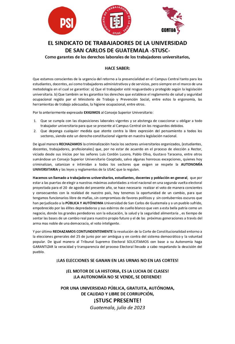 SStusc's tweet photo. Ante la coyuntura que vive Guatemala, esta Organización Sindical manifiesta una postura firme ante el intento de no legitimar el voto que cada guatemalteco y guatemalteca emitió el pasado 25 de junio https://t.co/EjvidkUOPo