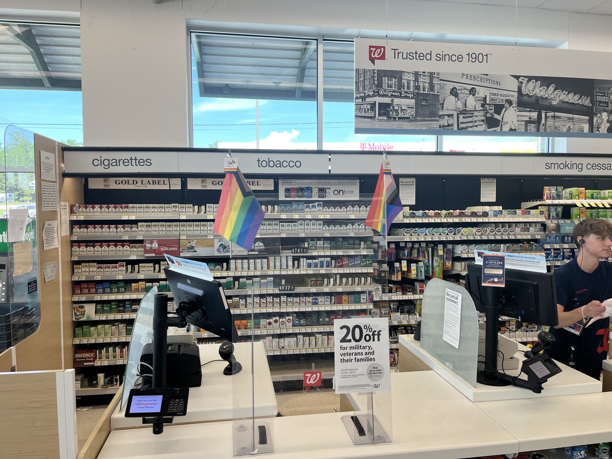CBradleyThomps1's tweet photo. It's July 4th. I repeat it's July 4th.

Just went into @Walgreens pharmacy. Noticed that they had no American flags on display, although they did have other flags on display above the cash registers. I asked politely if they had any American flags on display anywhere in the store. I was told "no." I asked why. The cashier told me that @Walgreens is an "inclusive" store, and therefore they have no American flags on display.
#BoycottWalgreens