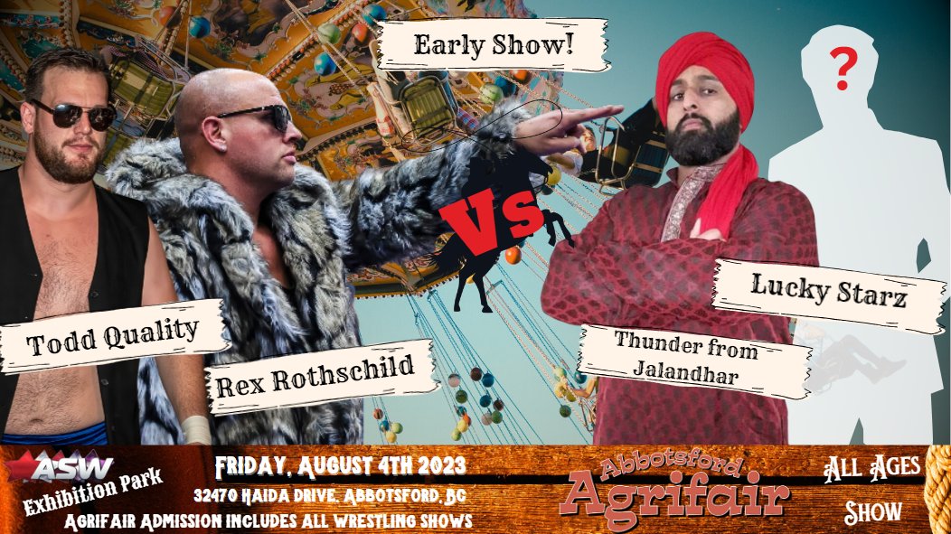 ASWCANADA's tweet photo. Abbotsford, you will thank your lucky stars for Lucky Starz!
Who is Lucky Starz? He will be teaming with @ASWJalandhar on August 4's early show at @Agrifair to face the King of the Fair, @ToddQuality and Rex Rothchild
See the mystery man at Agrifair!
#agrifair #abbotsford #wrestling #allstarwrestling
https://t.co/QEtNlOJWPS