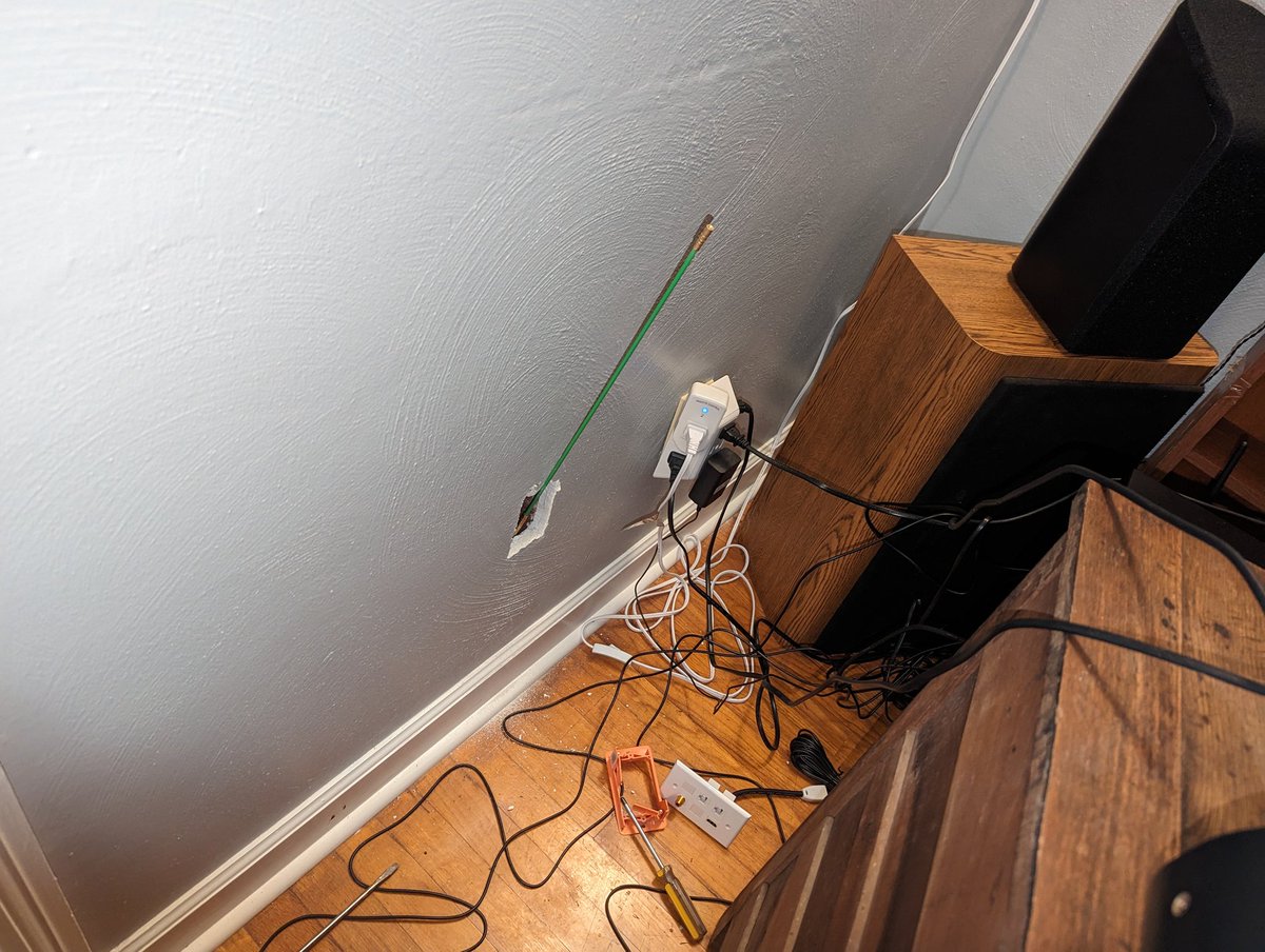 LeeranW's tweet photo. @OfficerCharon I had been taking the time to run coax to a few spots so that whenever the internet gets installed, the lines are properly routed and should have appropriate grounding for the primary line. Eventually there'll be a few Cat6 lines for a KVM as well. https://t.co/Fvn9bqxw9R