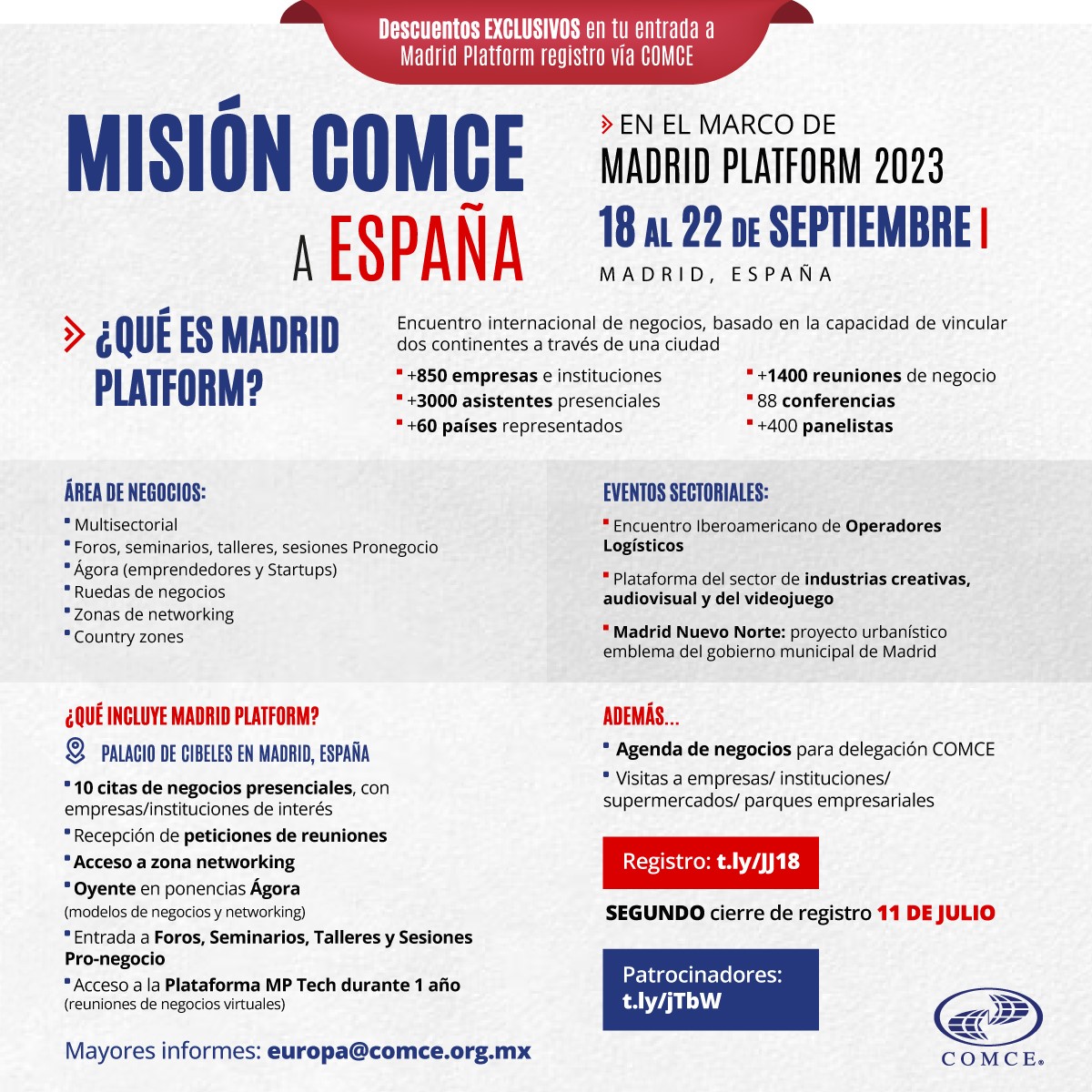 ComceEuropa's tweet photo. 📢¡No te quedes fuera! SEGUNDO cierre de inscripciones⚠️11 julio

🇪🇸Misión empresarial #multisectorial a #España 🗓️18 al 22 septiembre en el marco de @Madrid_Platform 

Registro https://t.co/WCmZnhSLhF

🎯Citas de negocios
🎯Visitas institucionales
🎯Entrada a #MadridPlatform https://t.co/JxPAGlq2Bk